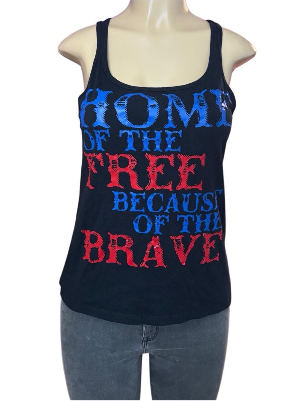 Bella Canvas Black Tank Top with Red & Blue Patriotic Text 100% Cotton- Size S